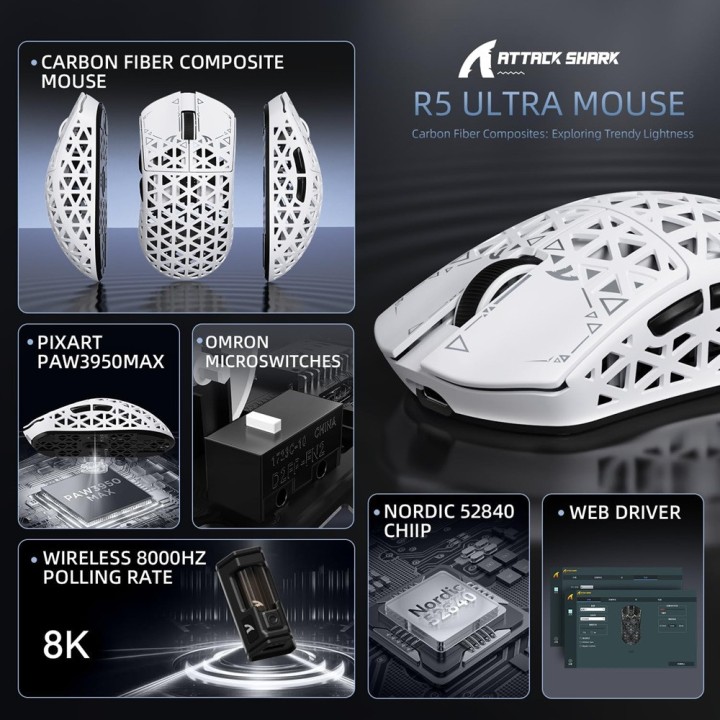 ATTACK SHARK R5 Ultra (White) Souris ATTACK SHARK Maroc