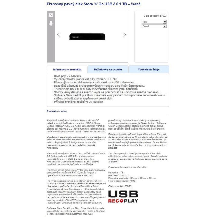 VERBATIM HDD Externe 53023 USB 3.0 1TB 2.5" Disques SSD VERBATIM Maroc