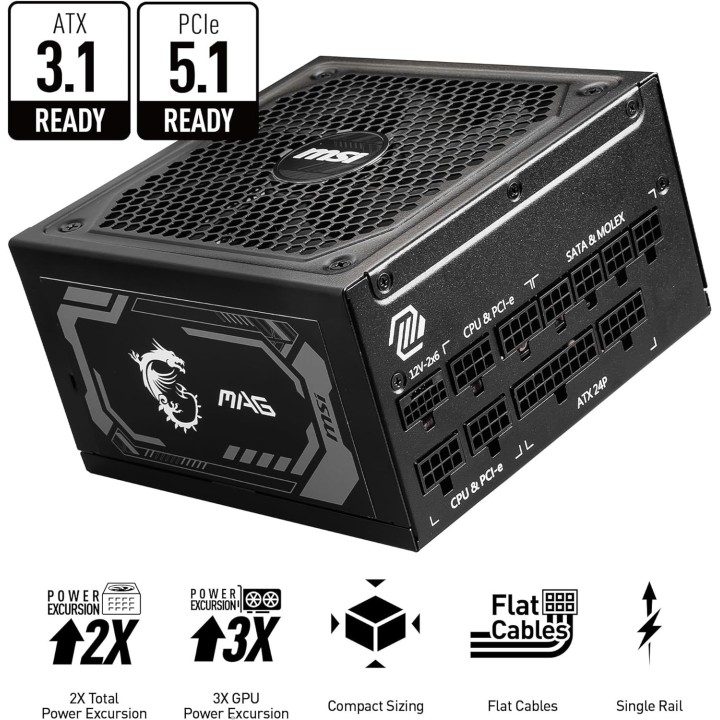 MSI MAG A1250GL PCIE5 80PLUS Gold 1250W Plus de 900 W MSI Maroc