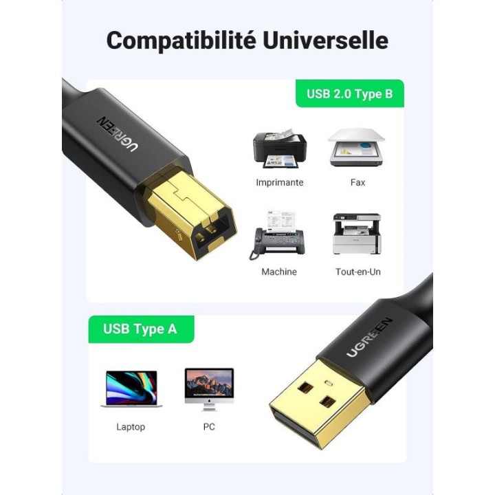 UGREEN Cable Imprimante USB 2.0 A Mâle vers USB B Mâle 1.5M Connect...