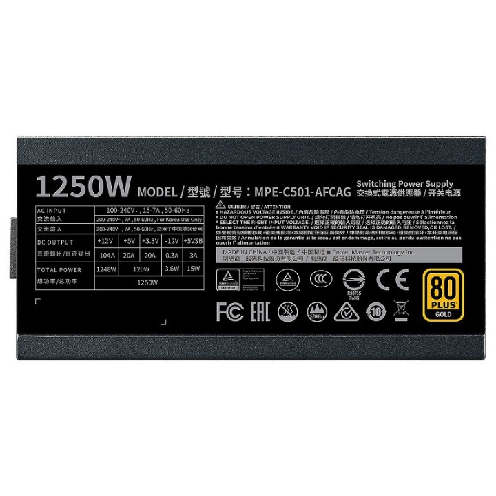 Cooler Master MWE Gold 1250 Full Modular V2 80PLUS GOLD 1250W Alime...