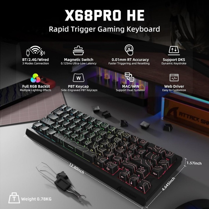 ATTACK SHARK X68 PRO HE Wireless Magnetic Switch (Black Contours) C...