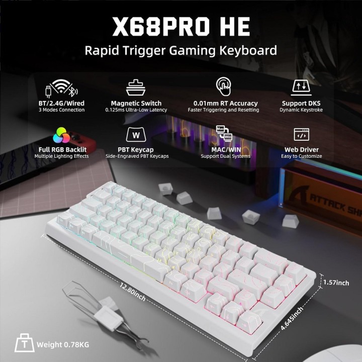 ATTACK SHARK X68 PRO HE Wireless Magnetic Switch (White Contours) C...