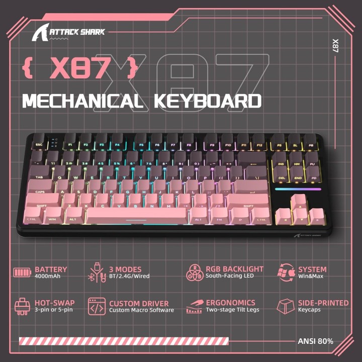 ATTACK SHARK X87 Strawberry Switch (Blackberry) Claviers ATTACK SHA...