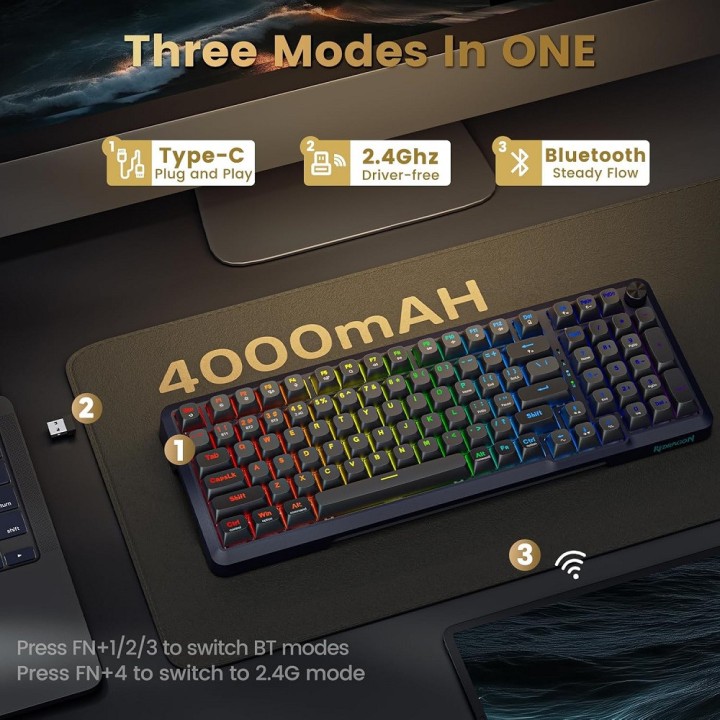Redragon K688 Pro Wireless Mechanical Keyboard (Black/Gray) Clavier...