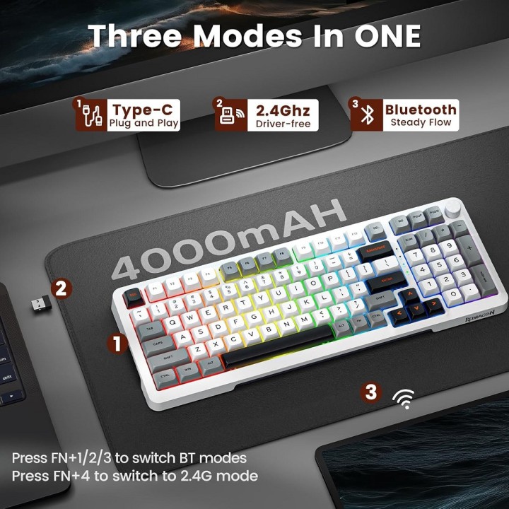 Redragon K688 Pro Wireless Mechanical Keyboard (White/Gray/Black) C...