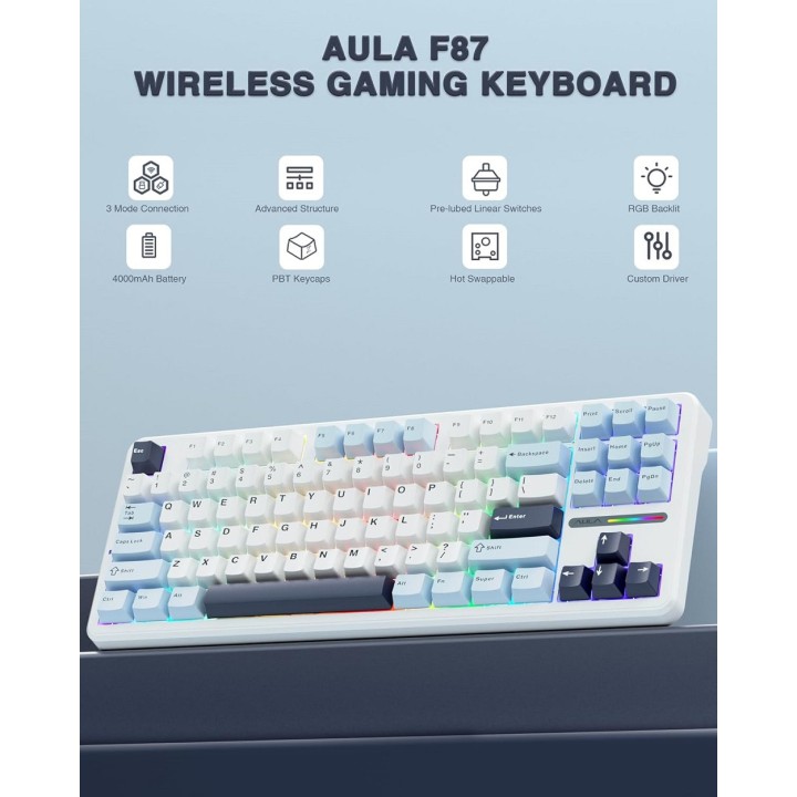 AULA F87 PRO Glacier Blue (Graywood V4 Switch) Claviers AULA Maroc