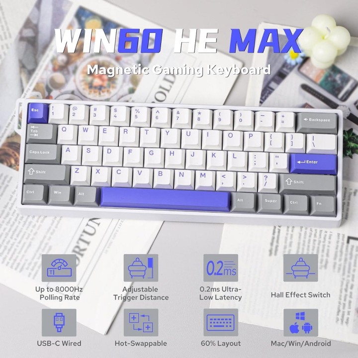 AULA WIN60 HE MAX Grey&White&Blue (Magnetic Switch) Claviers AULA M...