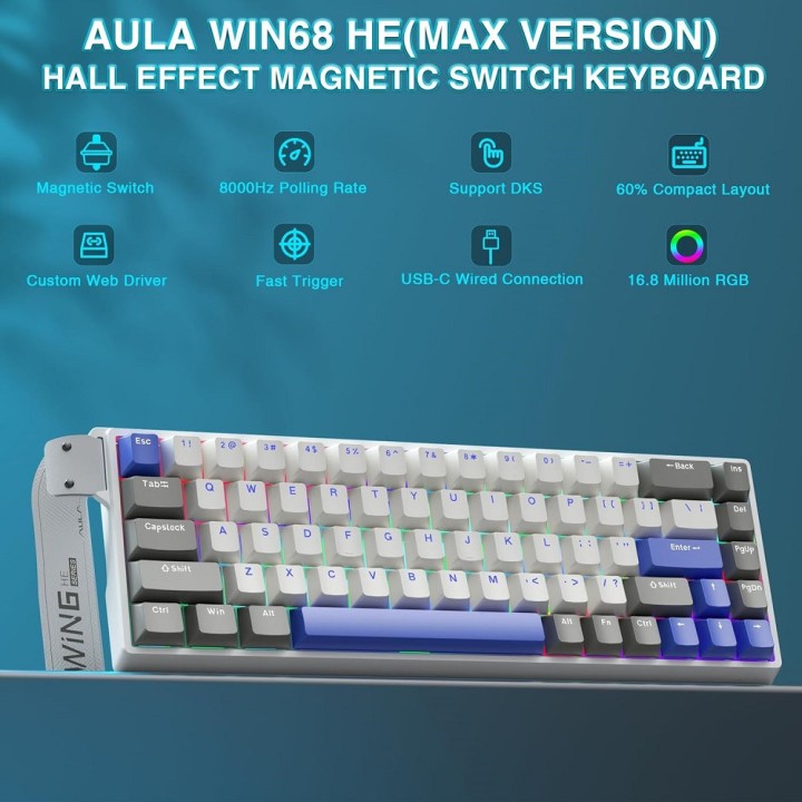 AULA WIN68 HE MAX Grey&White&Blue (Magnetic Switch) Claviers AULA M...