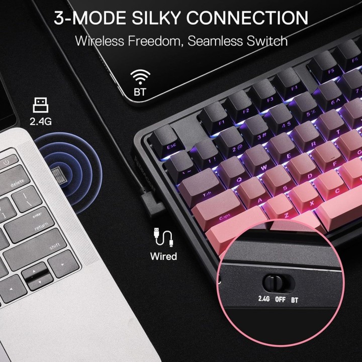 Redragon K728 Antonium Pro Wireless Mechanical Keyboard (Tide Pink)...