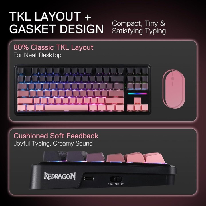 Redragon K728 Antonium Pro Wireless Mechanical Keyboard (Tide Pink)...