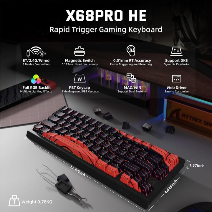 ATTACK SHARK X68 PRO HE Wireless Magnetic Switch (Red Contours) Cla...