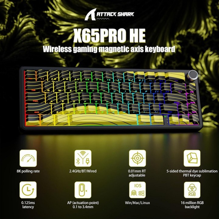 ATTACK SHARK X65 PRO HE Wireless Rapid Trigger Magnetic Switch (Yel...