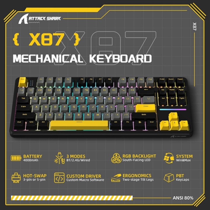 ATTACK SHARK X87 Strawberry Switch (Star Black) Claviers ATTACK SHA...